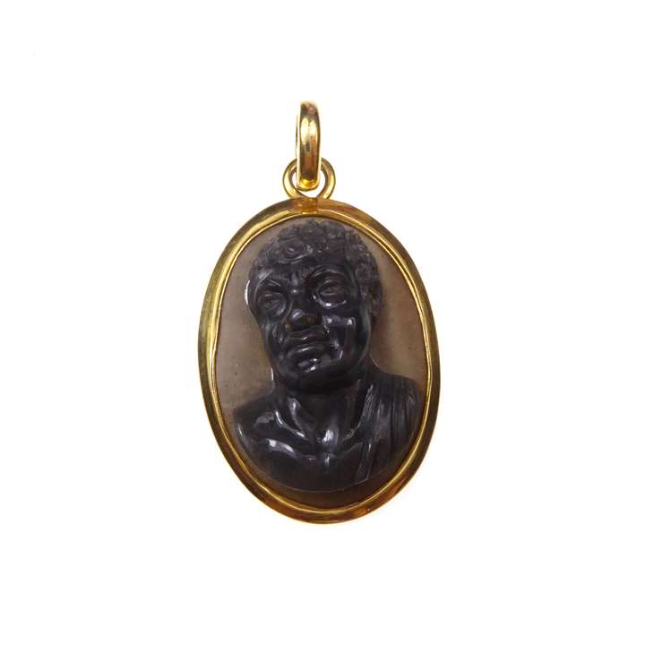 Agate portrait cameo of a man in classical style, antique mounted as a pendant